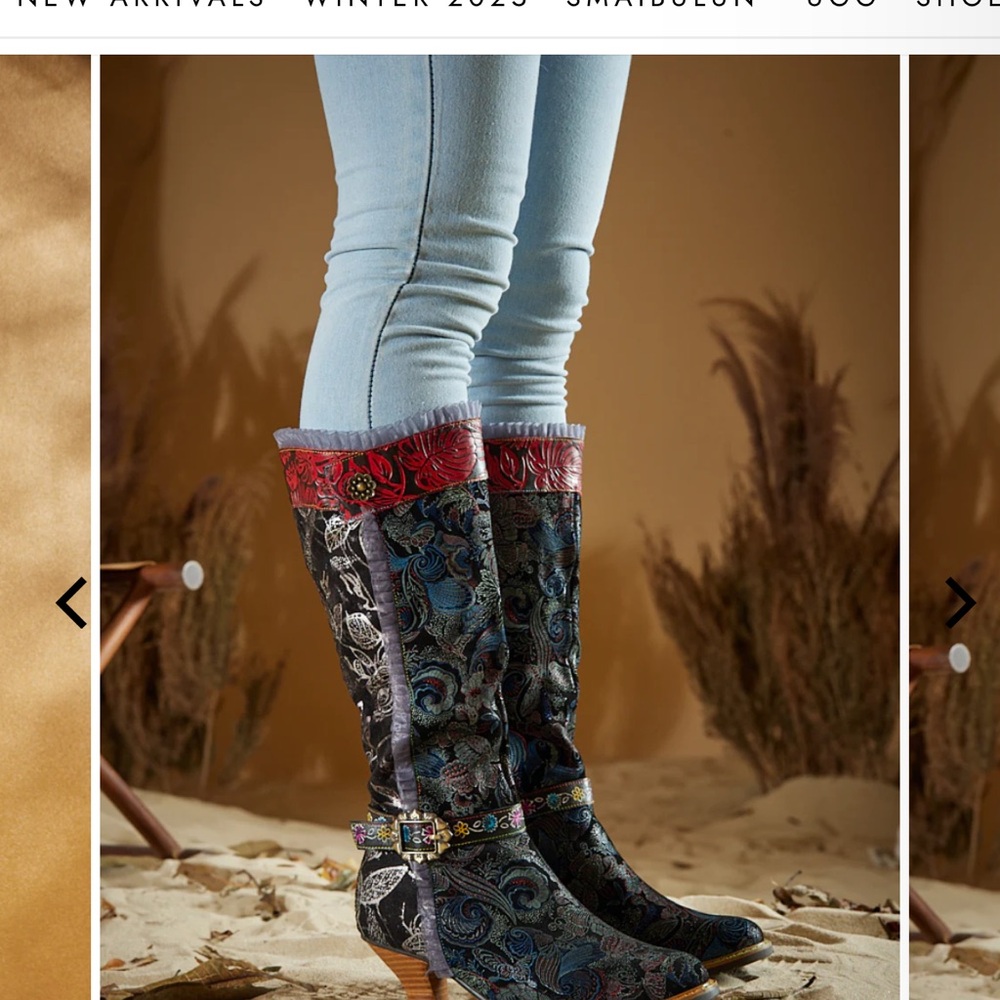 Stunning leather wide calf boots. ComfortbChic Multicolor Patterned Heeled Boots
